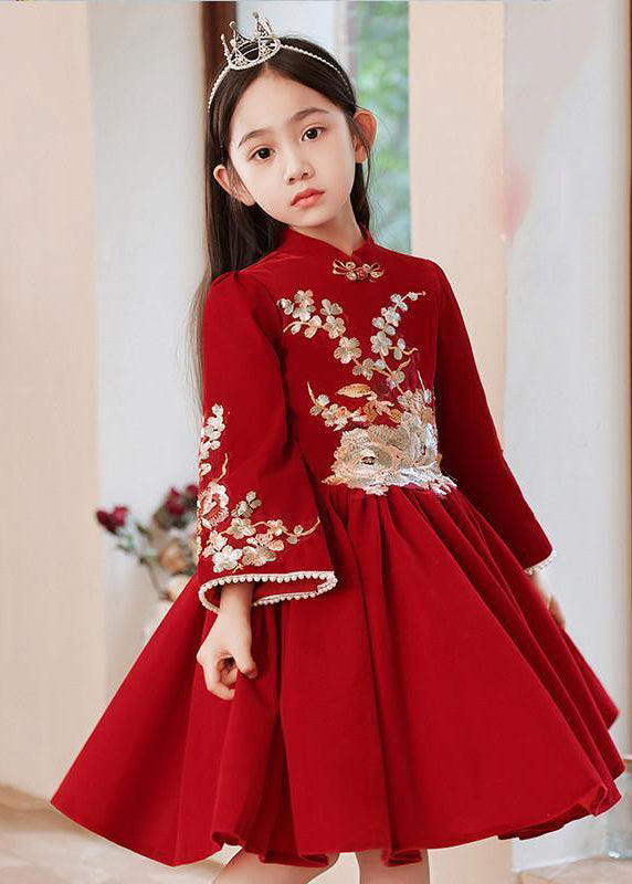 Handmade Red Stand Collar Wrinkled Girls Long Dress Spring