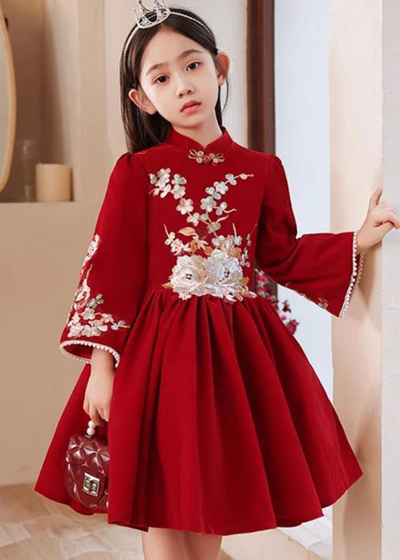 Handmade Red Stand Collar Wrinkled Girls Long Dress Spring