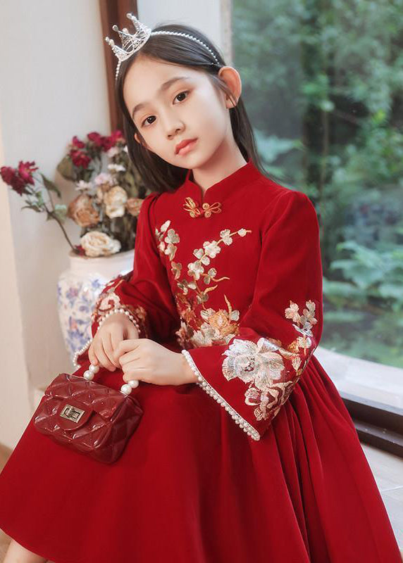 Handmade Red Stand Collar Wrinkled Girls Long Dress Spring