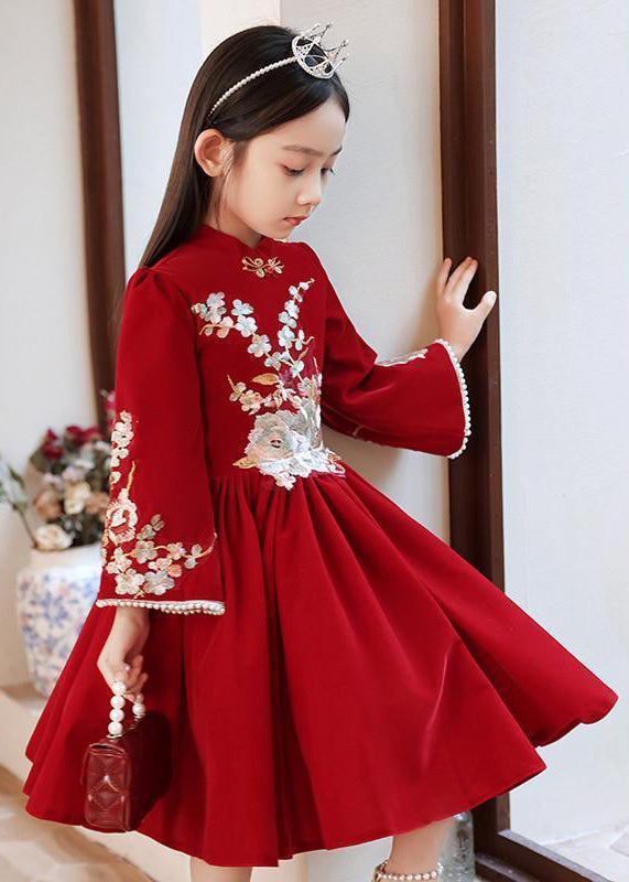 Handmade Red Stand Collar Wrinkled Girls Long Dress Spring