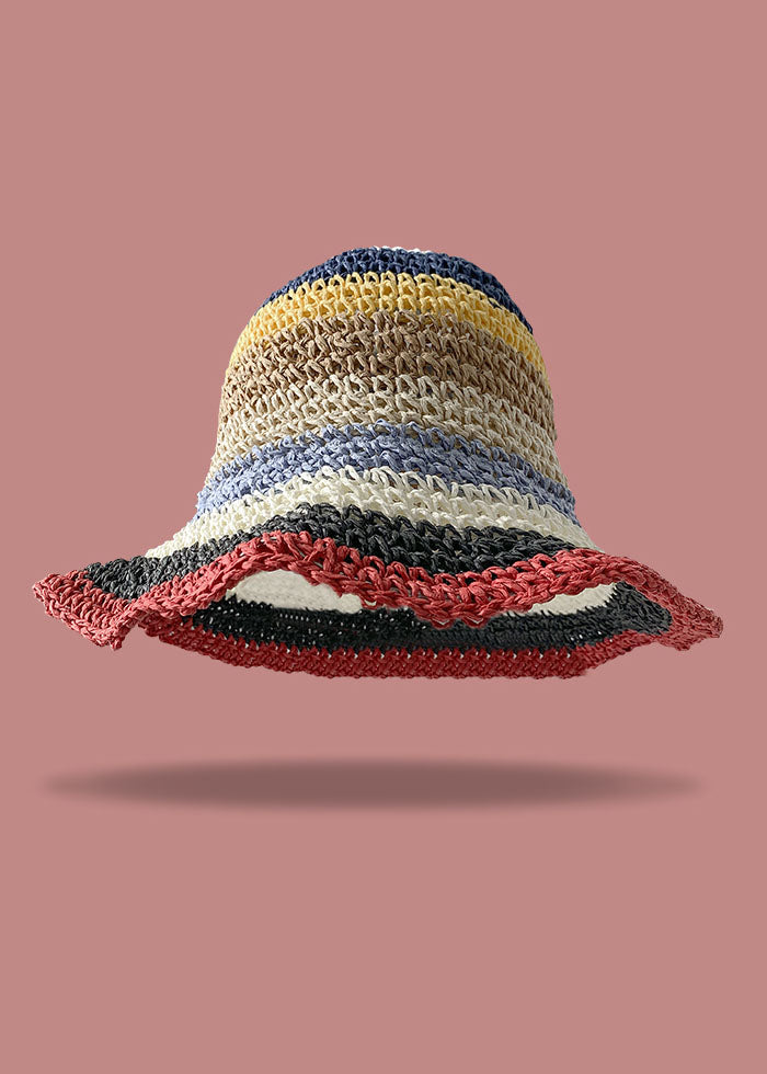 Handmade Red Striped Patchwork Straw Woven Bucket Hat
