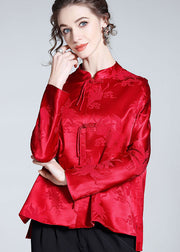 Handmade Red Tasseled Chinese Button Jacquard Patchwork Silk Shirts Spring