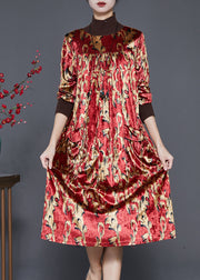 Handmade Red Turtle Neck Print Silk Velour Vacation Dresses Spring