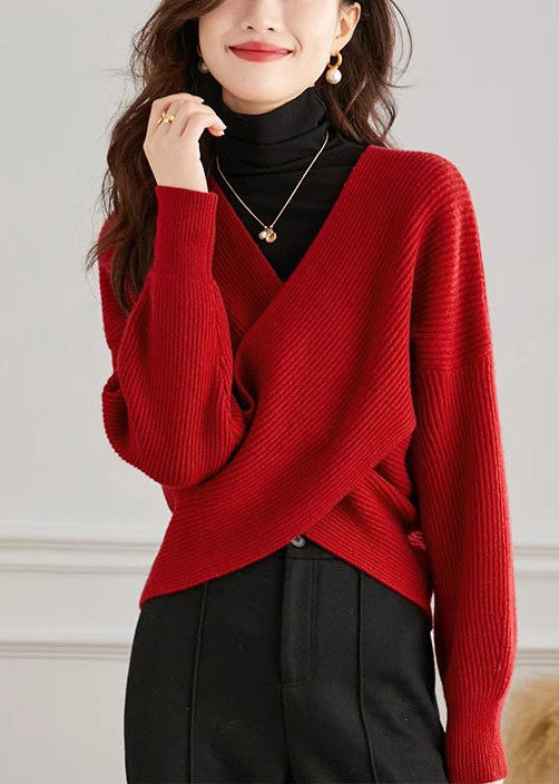 Handmade Red V Neck Cross Connection Knit Tops Spring