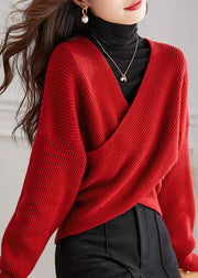 Handmade Red V Neck Cross Connection Knit Tops Spring