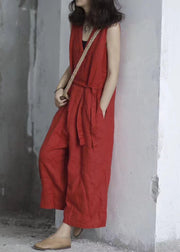 Handmade Red V Neck Tie Waist Linen Jumpsuit Sleeveless