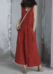 Handmade Red V Neck Tie Waist Linen Jumpsuit Sleeveless