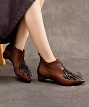Handmade Retro Coffee Cowhide Leather Pointed Toe Ankle Boots