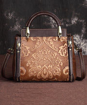 Handmade Retro Coffee Embossed Calf Leather Tote Handbag