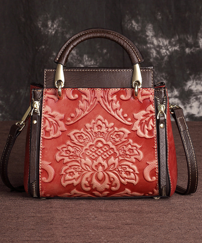 Handmade Retro Coffee Embossed Calf Leather Tote Handbag