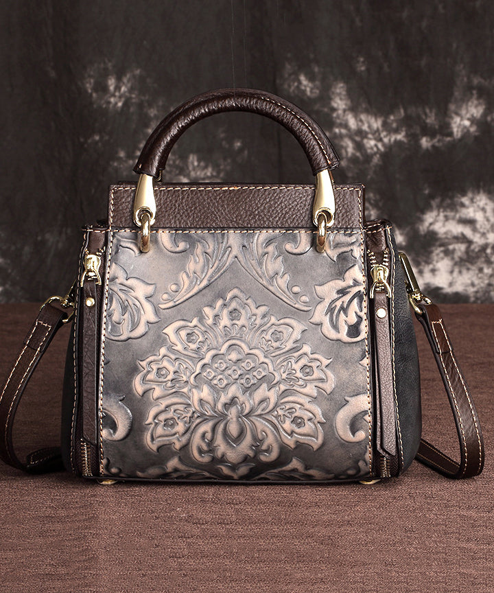 Handmade Retro Coffee Embossed Calf Leather Tote Handbag