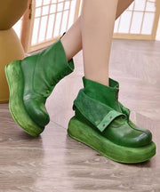 Handmade Retro Green Cowhide Leather Splicing Platform Boots