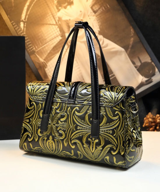 Handmade Retro Large Capacity Embossed Calf Leather Tote Handbag