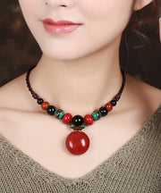 Handmade Retro Patchwork Red Jade Pendant Necklace