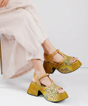 Handmade Retro Yellow Platform Cowhide Leather Sandals