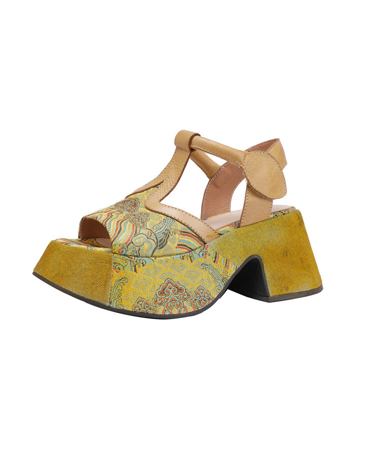 Handmade Retro Yellow Platform Cowhide Leather Sandals