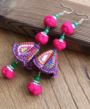 Handmade Red Cotton Linen Embroidered Floral Drop Earrings