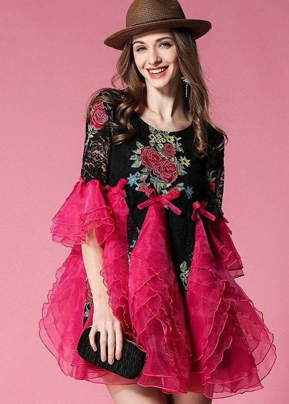 Handmade Rose Embroideried Organza Patchwork Lace Dress Summer