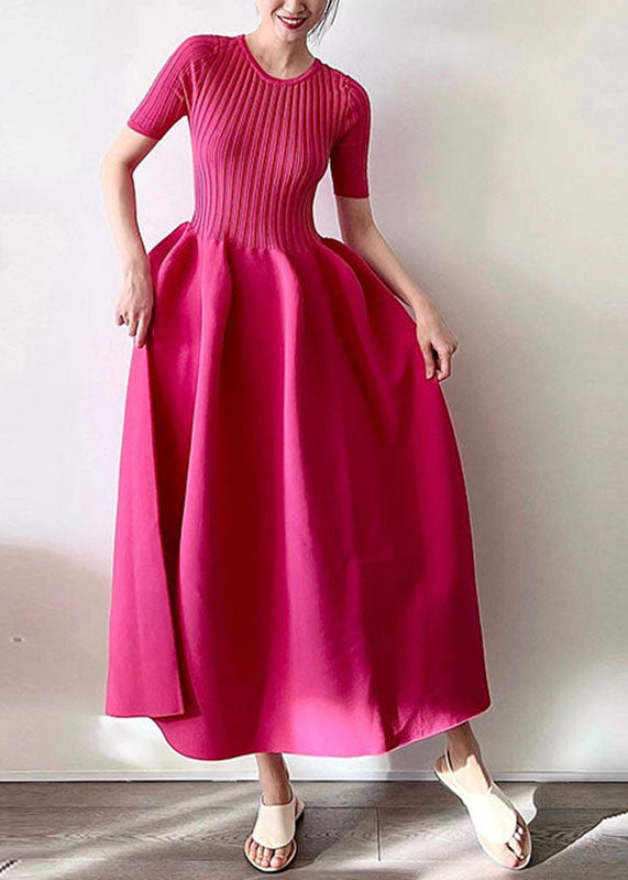 Handmade Rose O-Neck Knit Patchwork Fake Two Pieces Maxi Dress Short Sleeve