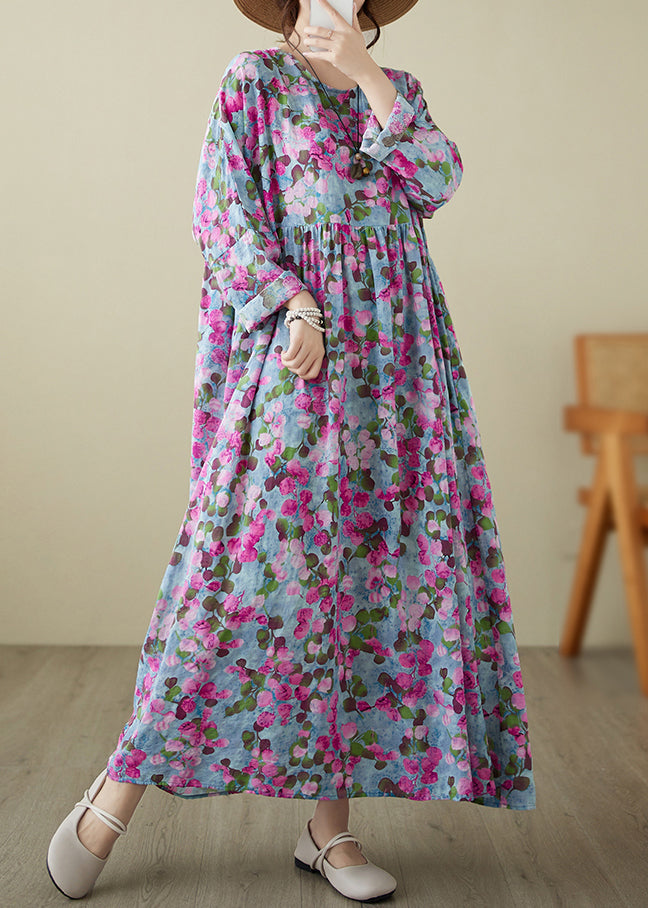 Handmade Rose O-Neck Print Wrinkled Long Dresses Spring