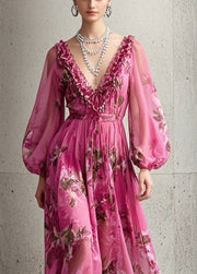 Handmade Rose Ruffled Print Chiffon Maxi Dress Fall