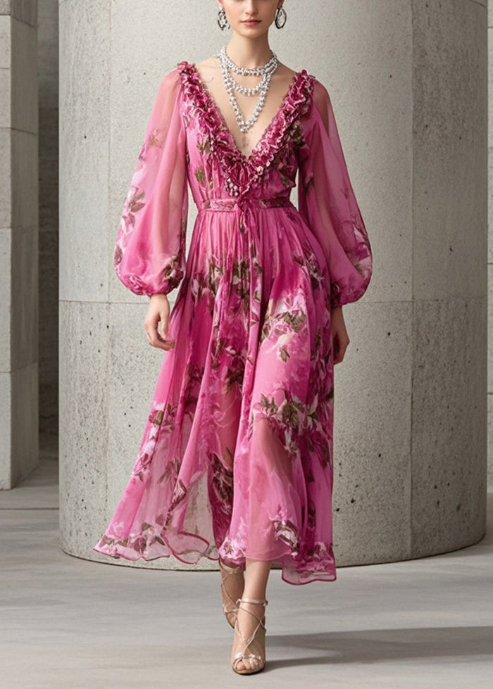 Handmade Rose Ruffled Print Chiffon Maxi Dress Fall