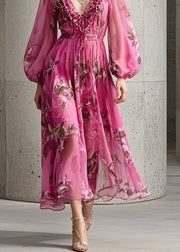 Handmade Rose Ruffled Print Chiffon Maxi Dress Fall