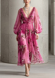 Handmade Rose Ruffled Print Chiffon Maxi Dress Fall