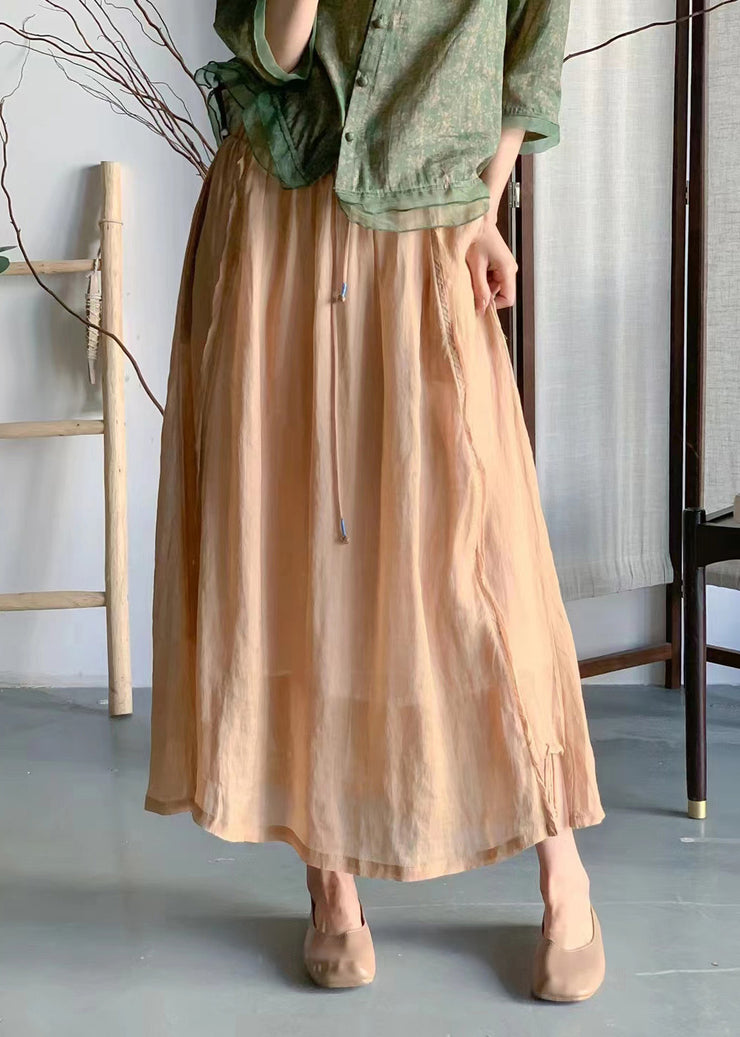 Handmade Rose Wrinkled Pockets Lace Up Elastic Waist Linen Skirt Summer