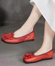 Handmade Sheepskin Red Flat Feet Shoes Splicing Floral