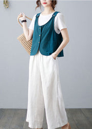 Handmade Sky Blue Button Pockets Solid Color Linen Vests Sleeveless