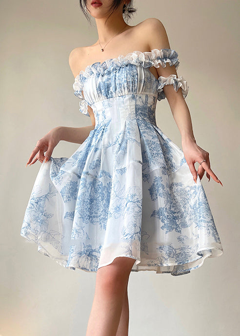 Handmade Sky Blue Ruffled Print Silk Mini Backless Dresses Summer