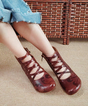 Handmade Splicing Chunky Boots Hollow Out Embossed Brown Cowhide Leather