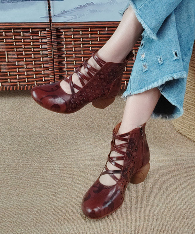 Handmade Splicing Chunky Boots Hollow Out Embossed Brown Cowhide Leather