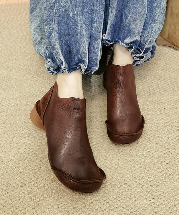 Handmade Splicing Comfy Ankle Boots Brown Cowhide Leather