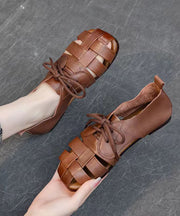 Handmade Splicing Flat Sandals Brown Cowhide Leather Hollow Out