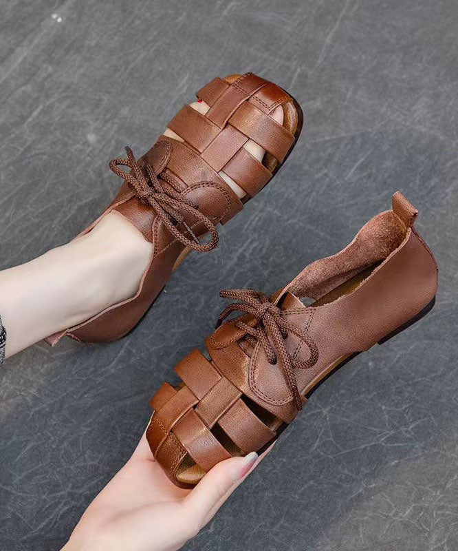 Handmade Splicing Flat Sandals Brown Cowhide Leather Hollow Out