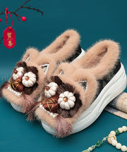 Handmade Splicing Tassel Nail Bead Platform Flat Shoes Coffee Fuzzy Wool Lined