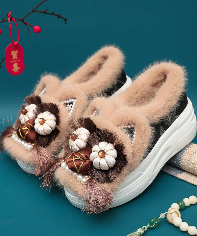 Handmade Splicing Tassel Nail Bead Platform Flat Shoes Coffee Fuzzy Wool Lined