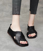 Handmade Splicing Walking Sandals Black Cowhide Leather Peep Toe