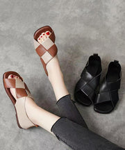 Handmade Splicing Walking Sandals Black Cowhide Leather Peep Toe