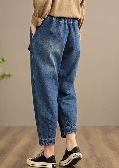 Handmade Spring Casual Pants Oversize Denim Blue Photography Elastic Waist Trousers - SooLinen