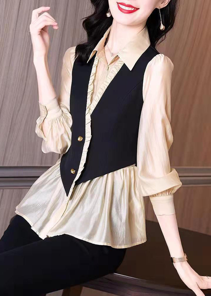 Handmade Stand Collar Ruffled Fake two piece Chiffon Shirts Long Sleeve