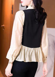 Handmade Stand Collar Ruffled Fake two piece Chiffon Shirts Long Sleeve