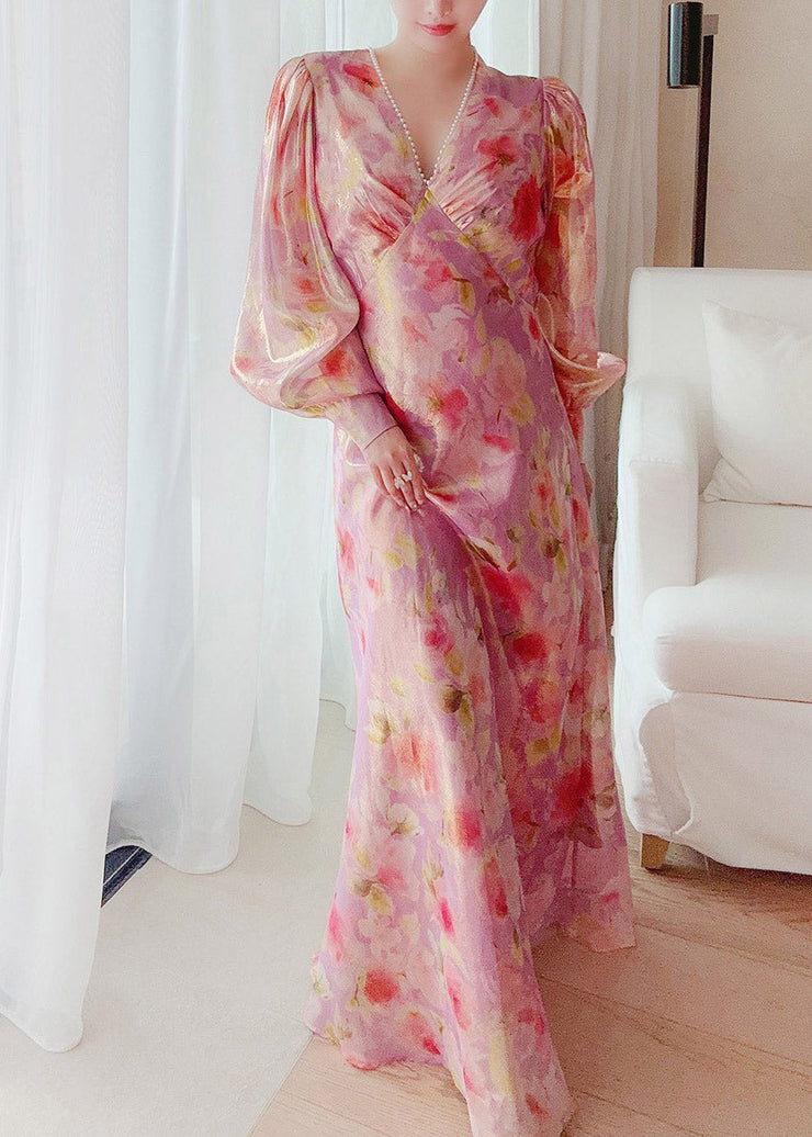 Handmade V Neck Print Nail bead Silk Maxi Dresses Lantern Sleeve