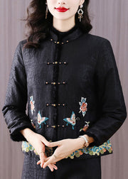 Handmade Vintage Black Embroideried Fine Cotton Filled Jacket Winter