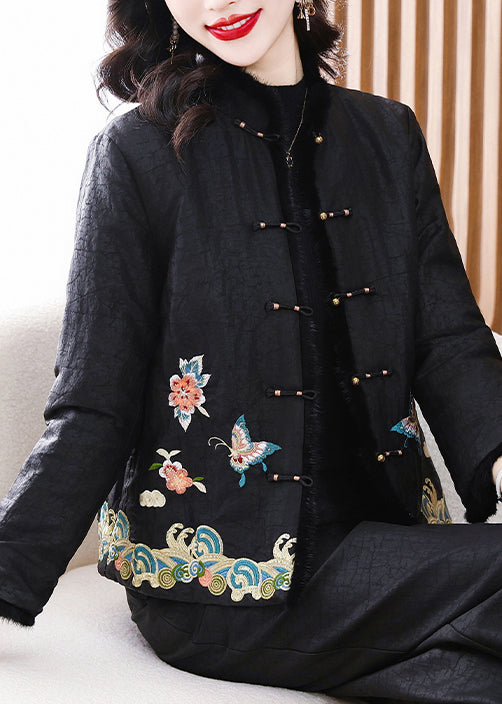 Handmade Vintage Black Embroideried Fine Cotton Filled Jacket Winter