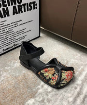 Handmade Vintage Embroidery Walking Sandals Black Cowhide Leather