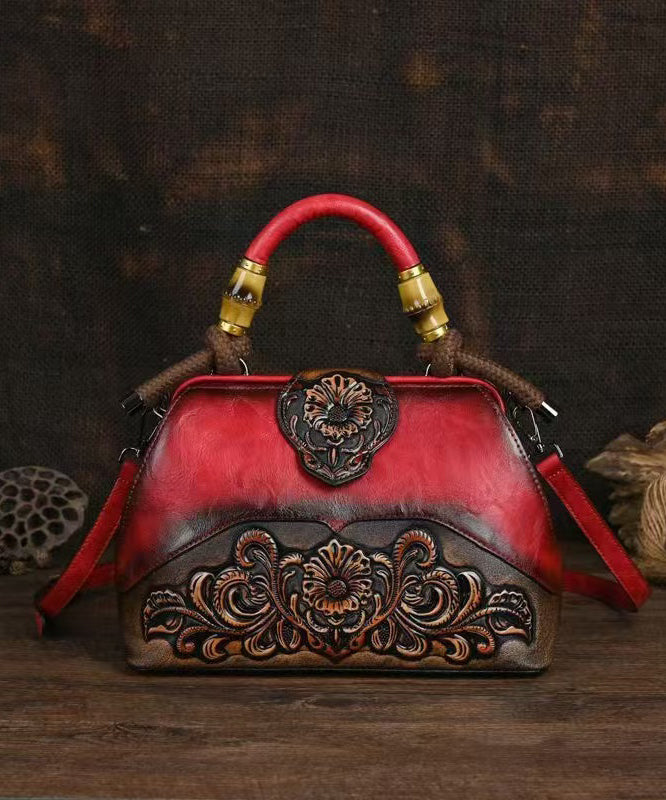 Handmade Vintage Red Embossed Calf Leather Tote Messenger Bag