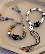 Handmade Weaving Skull Little Cats Ceramic Tassel Two Piece Set Chain Bracelet